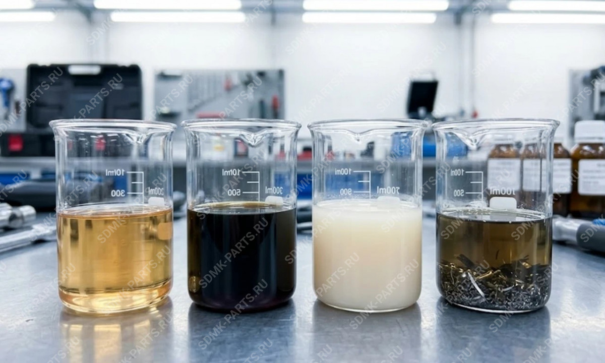 Образцы гидравлического масла, показывающие причины, почему медленно работает гидравлика. 