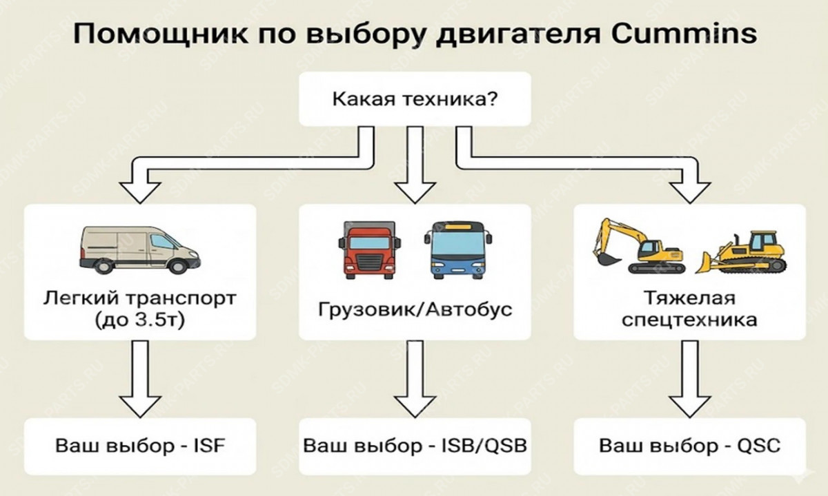 Инфографика для выбора двигателя Cummins ISF, ISB или QSC. 